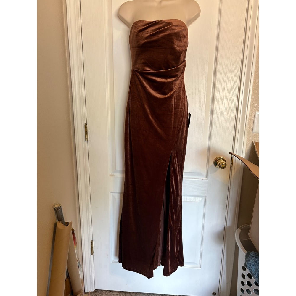 Lulus Maxi Dress Small Chocolate Brown NEW Velvet Strapless Pleated Slit Gown